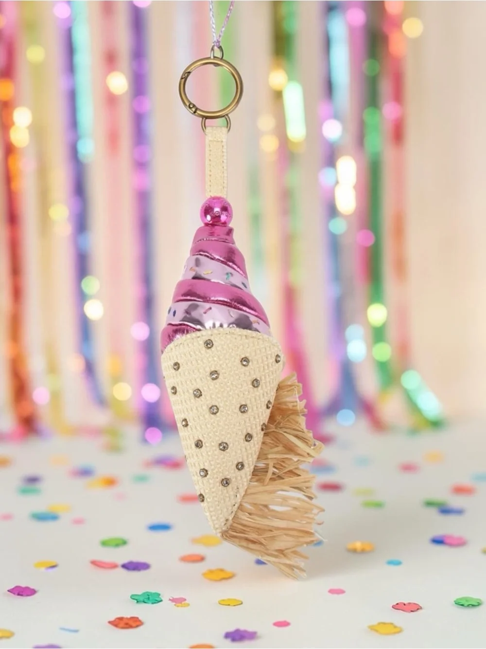 Kurt Geiger Pink Metallic Ice Cream Cone Keychain with Gold Ring